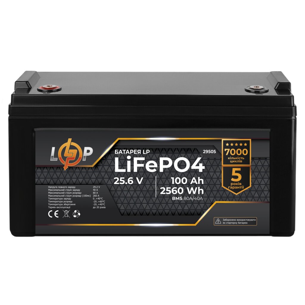 Акумулятор LP LiFePO4 25,6V - 100 Ah (2560Wh)(BMS 80A/40А) пластик для ДБЖ - Изображение 1