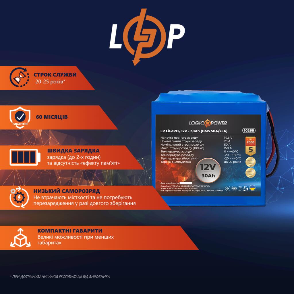 Аккумулятор LP LiFePO4 12V - 30 Ah (BMS 50A/25A) - Изображение 4