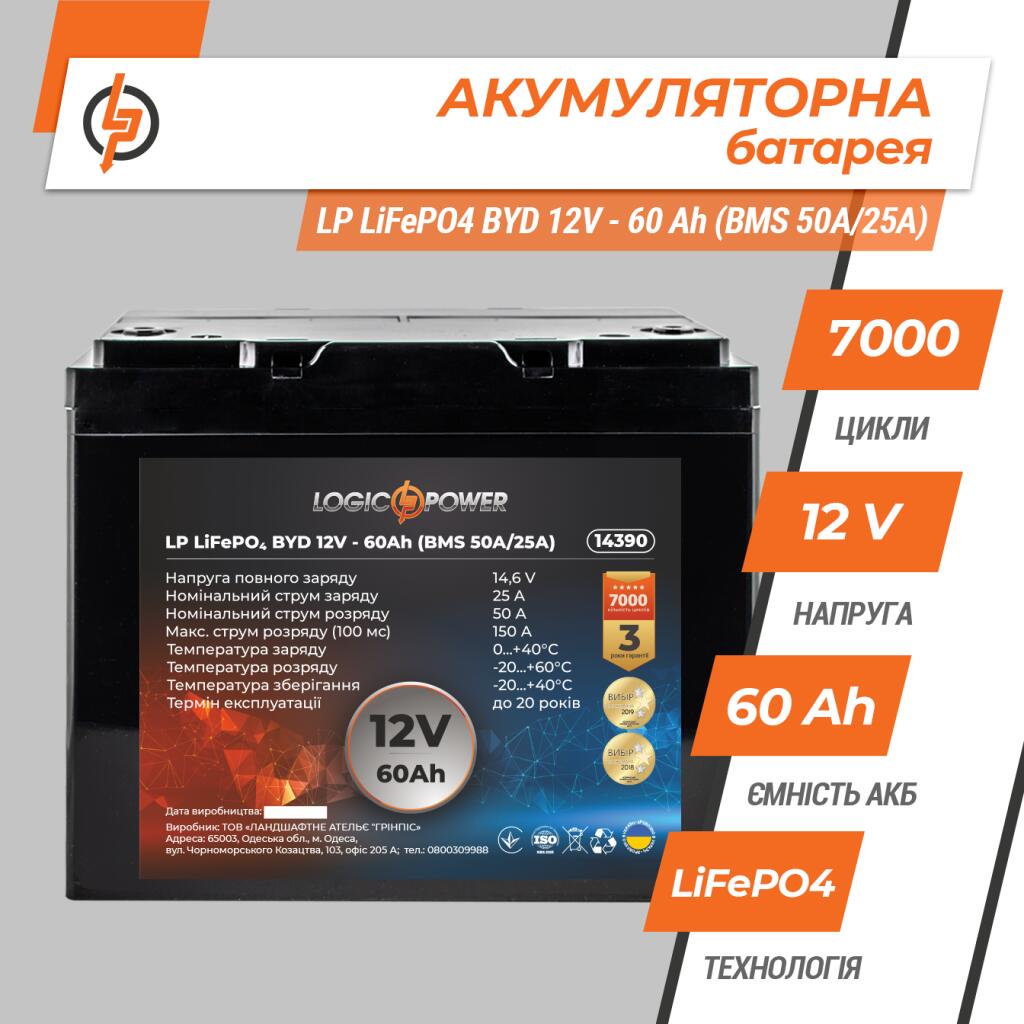 Акумулятор LP LiFePO4 12V - 60 Ah (BMS 50A/25А) пластик - Зображення 3