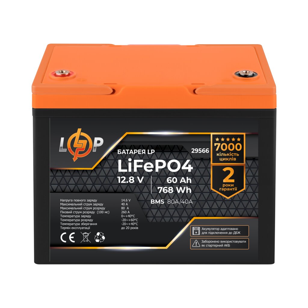 Аккумулятор LP LiFePO4 12,8V - 60 Ah (768Wh) (BMS 80A/40А) пластик для ИБП - Изображение 1