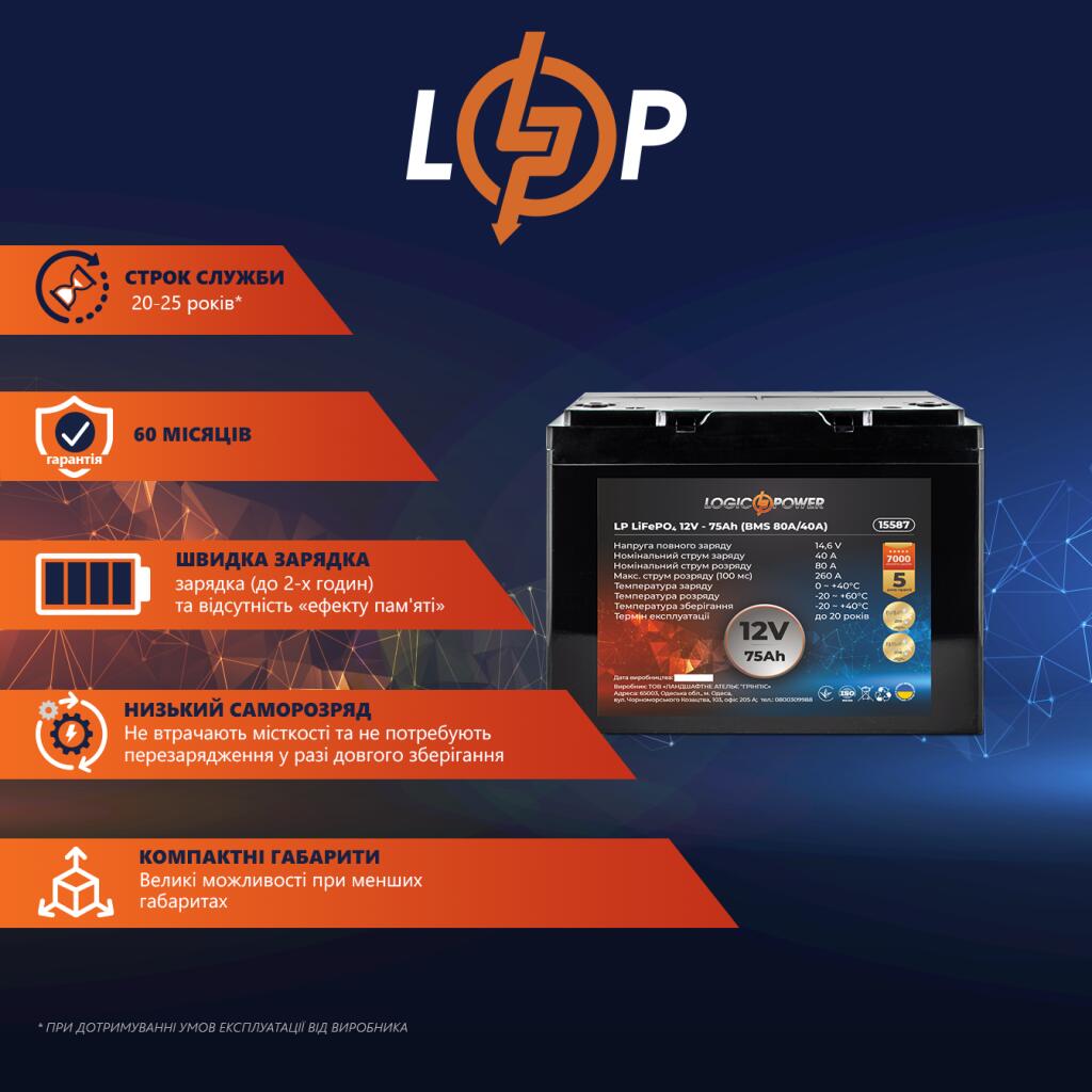 Аккумулятор LP LiFePO4 BYD 12V - 75 Ah (BMS 80А/40A) пластик - Изображение 2