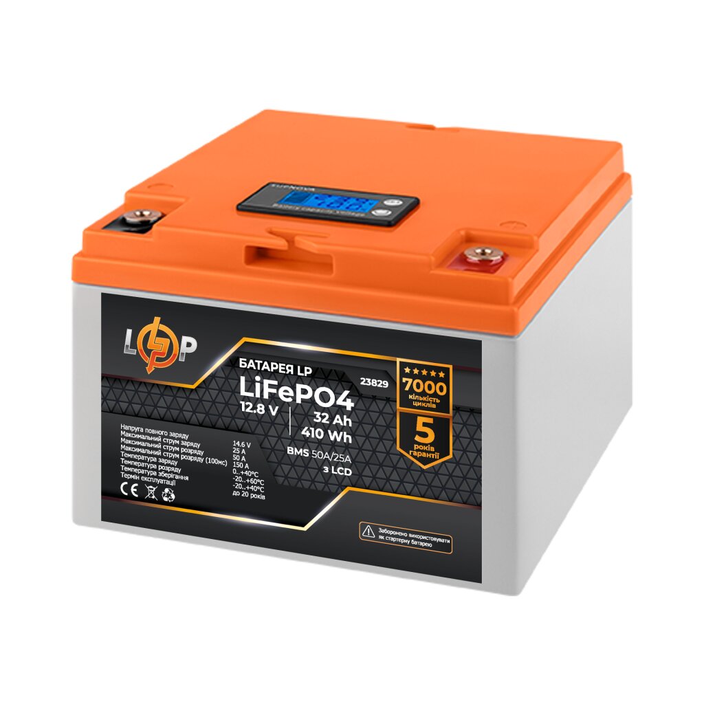 Аккумулятор LP LiFePO4 12,8V - 32 Ah (410Wh) (BMS 50А/25A) пластик LCD - Изображение 2