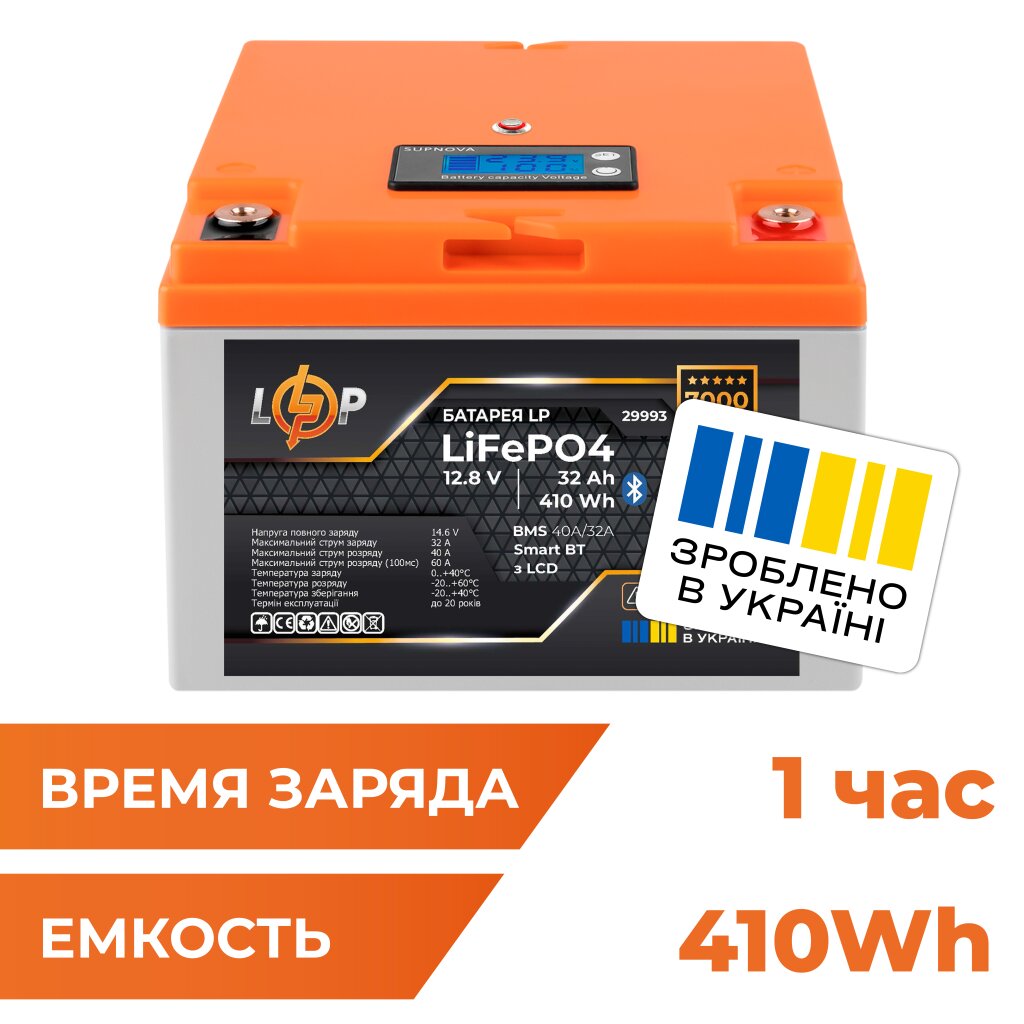 Аккумулятор LP LiFePO4 12,8V - 32 Ah (410Wh) (BMS 40А/32A) пластик LCD Smart BT - Изображение 1