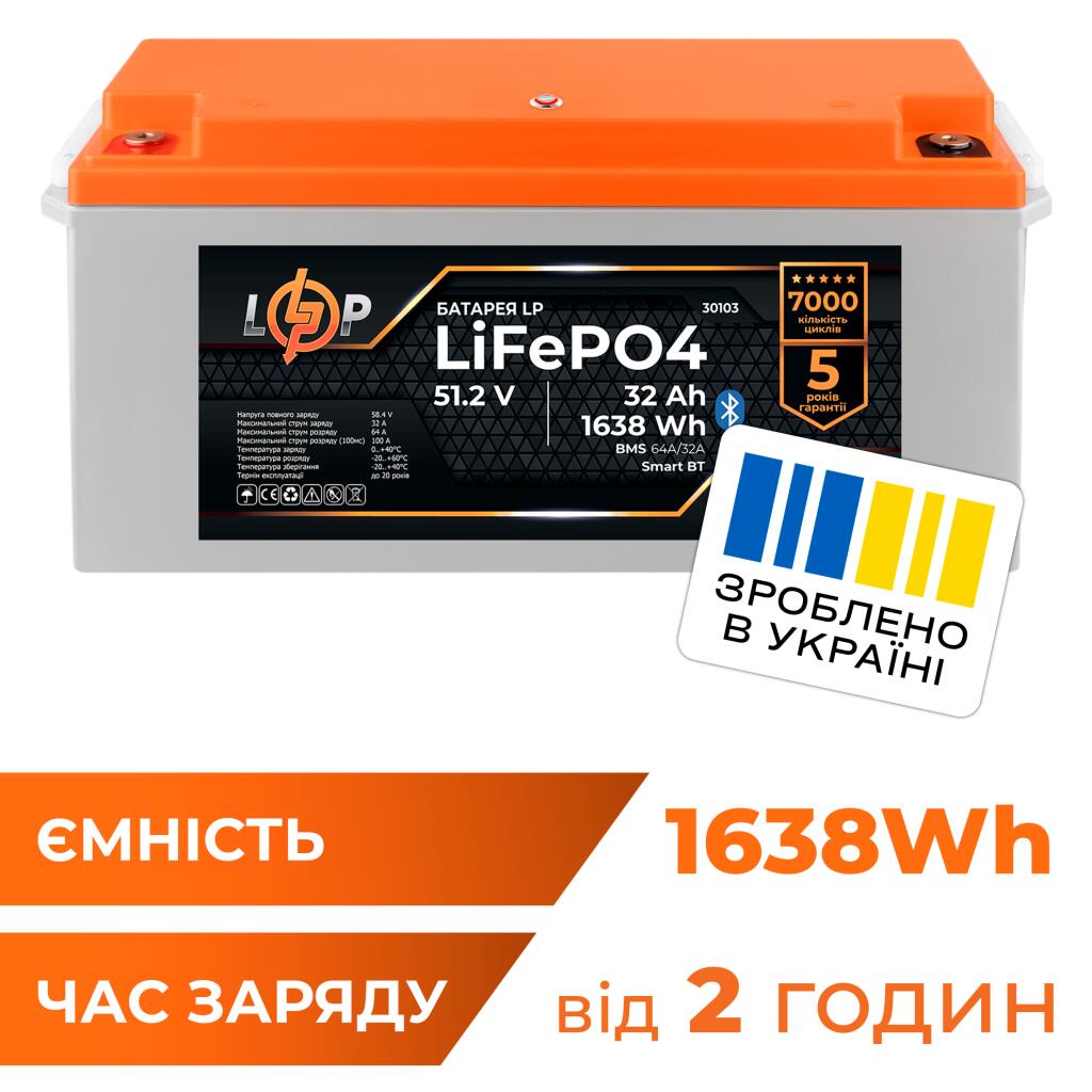 Акумулятор LP LiFePO4 51,2V - 32 Ah (1638Wh) (BMS 64A/32А) пластик Smart BT - Зображення 1