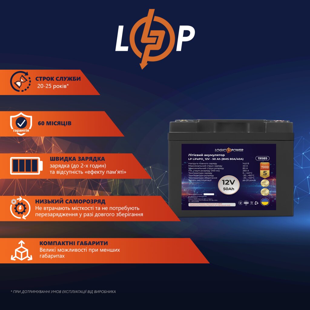 Акумулятор LP LiFePO4 12V - 50 Ah (BMS 80A/40А) пластик - Изображение 2