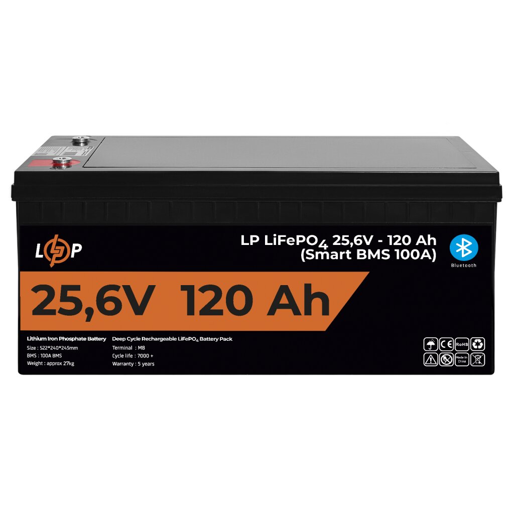 Акумулятор LP LiFePO4 25,6V - 120 Ah (3072Wh) (Smart BMS 100А) з BT пластик для ДБЖ - Изображение 1