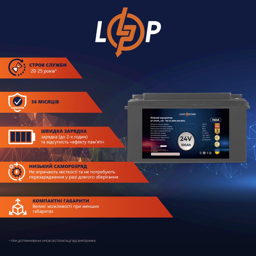 Акумулятор LP LiFePO4 для ДБЖ 24V - 100 Ah (BMS 60A/30А) пластик - Зображення 2