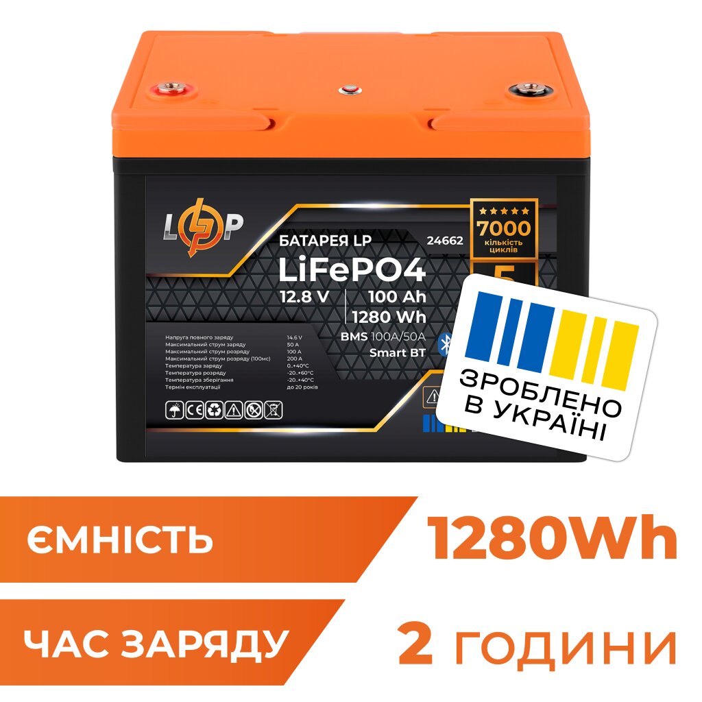 Акумулятор LP LiFePO4 12,8V - 100 Ah (1280Wh) (BMS 100A/50А) пластик Smart BT - Изображение 1