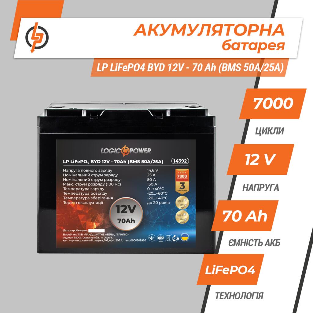 Аккумулятор LP LiFePO4 BYD 12V - 70 Ah (BMS 50A/25А) пластик - Изображение 3