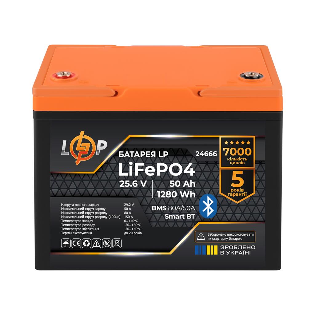 Акумулятор LP LiFePO4 25,6V - 50 Ah (1280Wh) (BMS 80A/50А) пластик Smart BT - Зображення 2