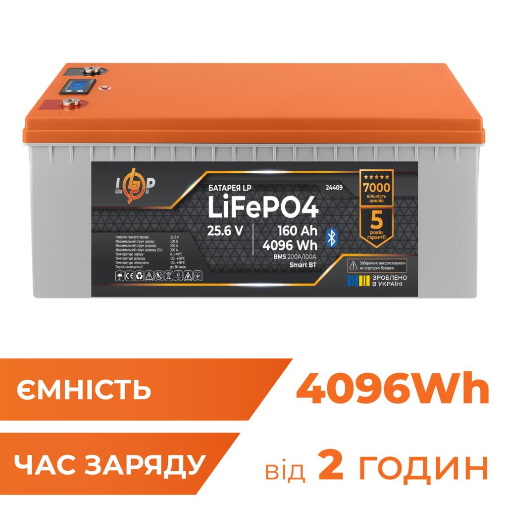 Акумулятор LP LiFePO4 25,6V - 160 Ah (4096Wh) (BMS 200A/100А) пластик LCD Smart BT - Зображення 2