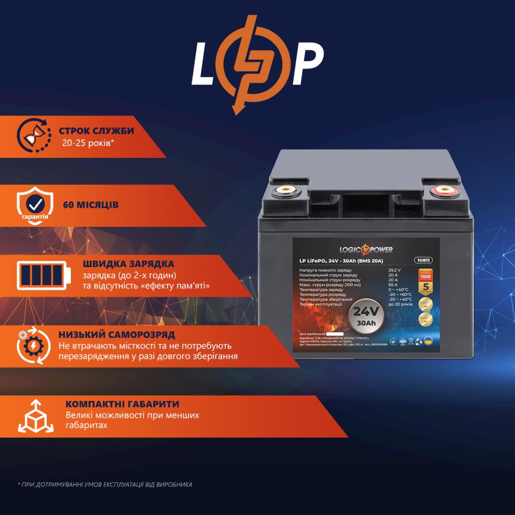 Аккумулятор LP LiFePO4 24V (25,6V) - 30 Ah (768Wh) (BMS 20A) пластик - Изображение 3