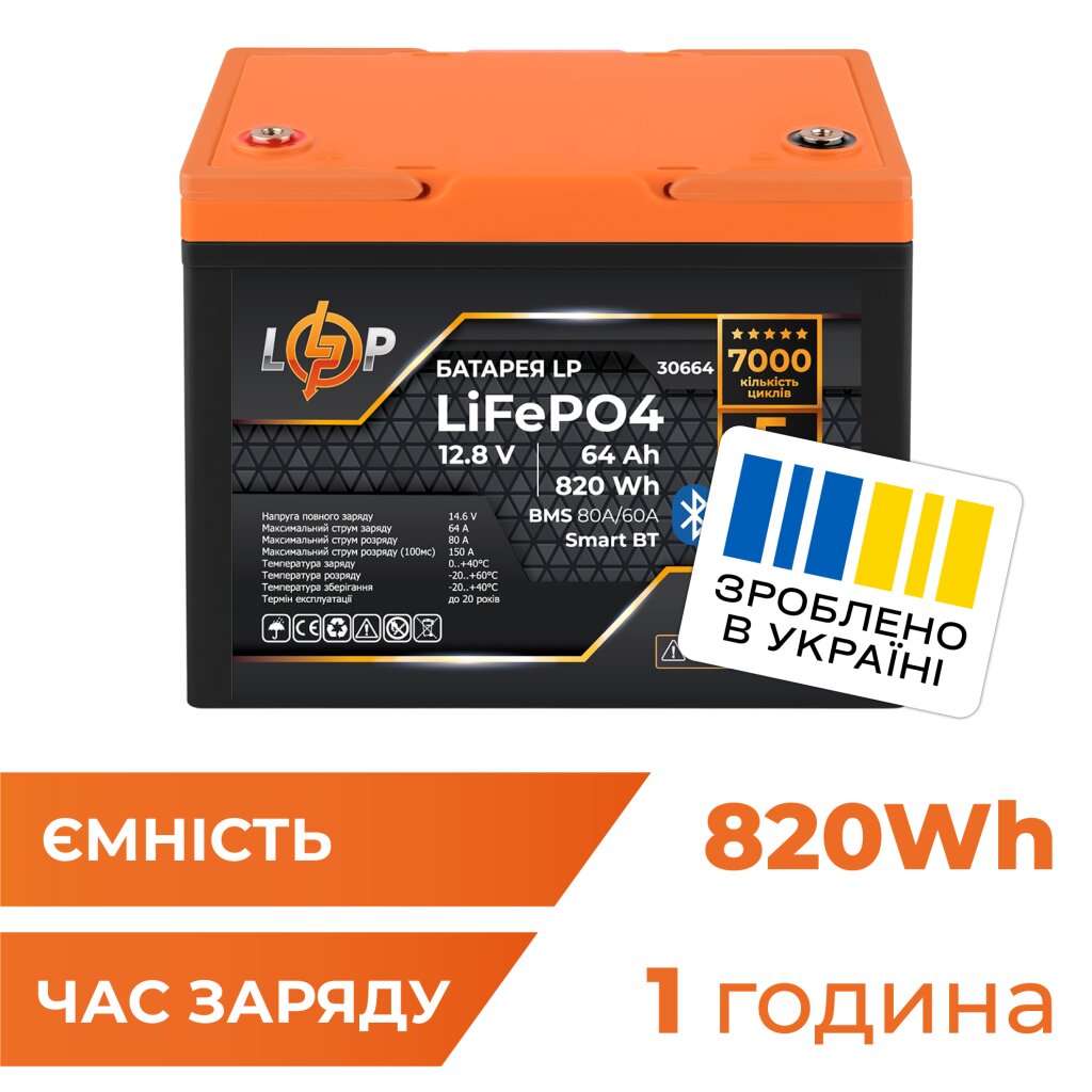 Акумулятор LP LiFePO4 12,8V - 64Ah (820Wh) (BMS 80A/64А) пластик Smart BT - Изображение 1