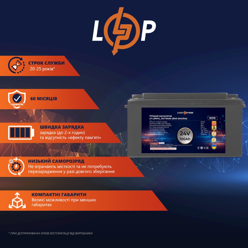 Аккумулятор LP LiFePO4 24V - 100 Ah (BMS 60A/30А) пластик - Изображение 2