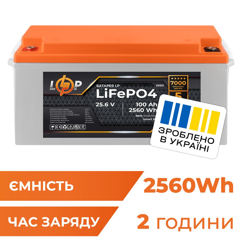 Акумулятор LP LiFePO4 25,6V - 100 Ah (2560Wh) (BMS 100A/50А) пластик Smart BT - Изображение 1