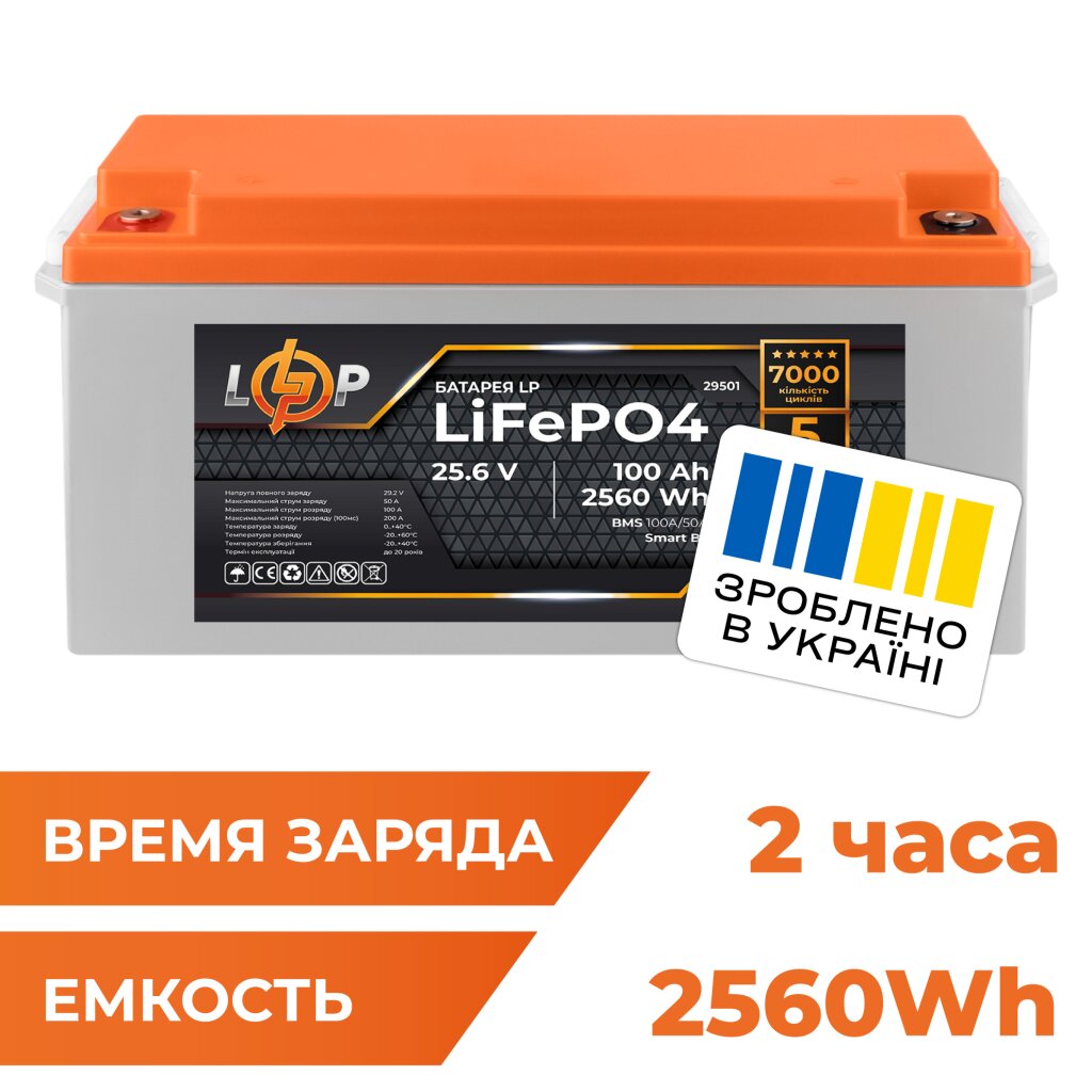 Аккумулятор LP LiFePO4 25,6V - 100 Ah (2560Wh) (BMS 100A/50А) пластик Smart BT - Изображение 1