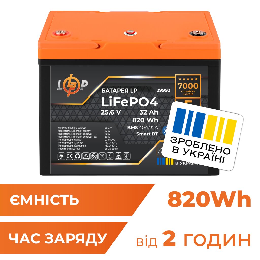 Акумулятор LP LiFePO4 25,6V - 32 Ah (820Wh) (BMS 40A/32А) пластик Smart BT - Изображение 1