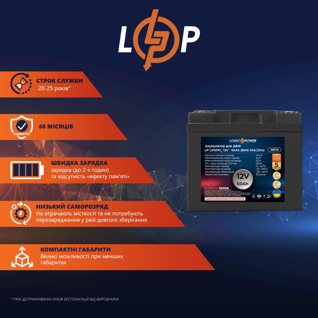 Акумулятор LP LiFePO4 для ДБЖ 12V - 50 Ah (BMS 50A/25A) пластик - Зображення 2