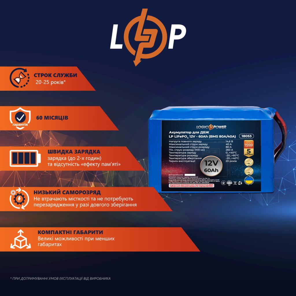 Аккумулятор LP LiFePO4 для ИБП 12V - 60 Ah (BMS 80A/40А) - Изображение 2