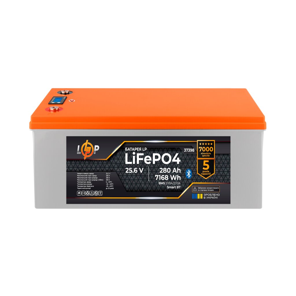 Аккумулятор LP LiFePO4 25,6V - 280 Ah (7168Wh) (BMS 200A/200А) пластик Smart BT - Изображение 1