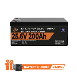 Акумулятор LP LiFePO4 для ДБЖ 24V (25,6V) - 200 Ah (5120Wh) (Smart BMS 100А) с BT пластик 