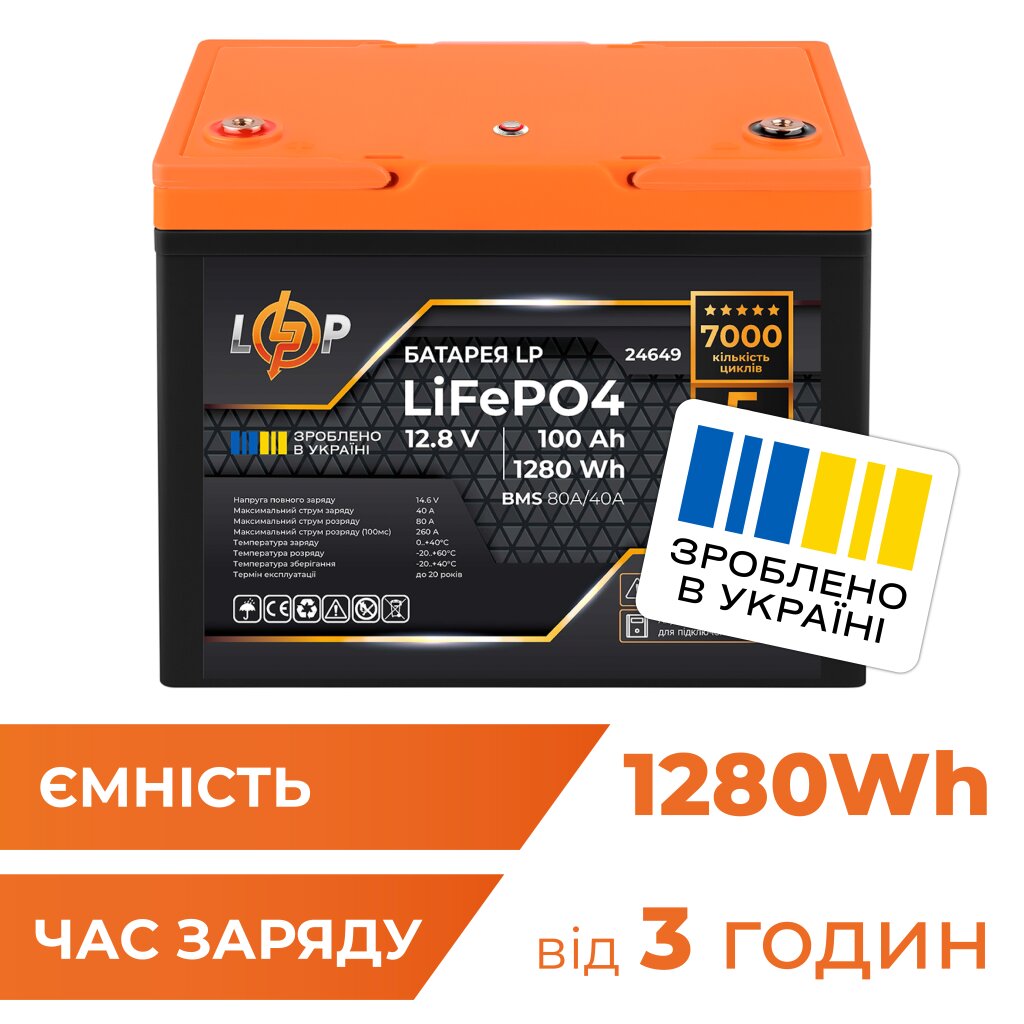 Акумулятор LP LiFePO4 12,8V - 100 Ah (1280Wh) (BMS 80A/40А) пластик для ДБЖ - Изображение 1