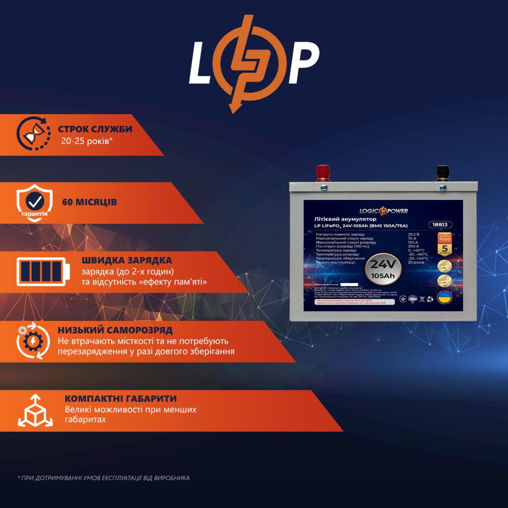 Аккумулятор LP LiFePO4 24V - 105 Ah (BMS 150A/75А) металл - Изображение 2