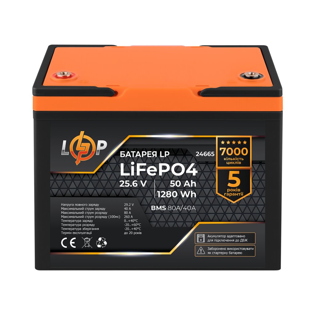 Аккумулятор LP LiFePO4 25,6V - 50 Ah (1280Wh) (BMS 80A/40А) пластик для ИБП - Изображение 1