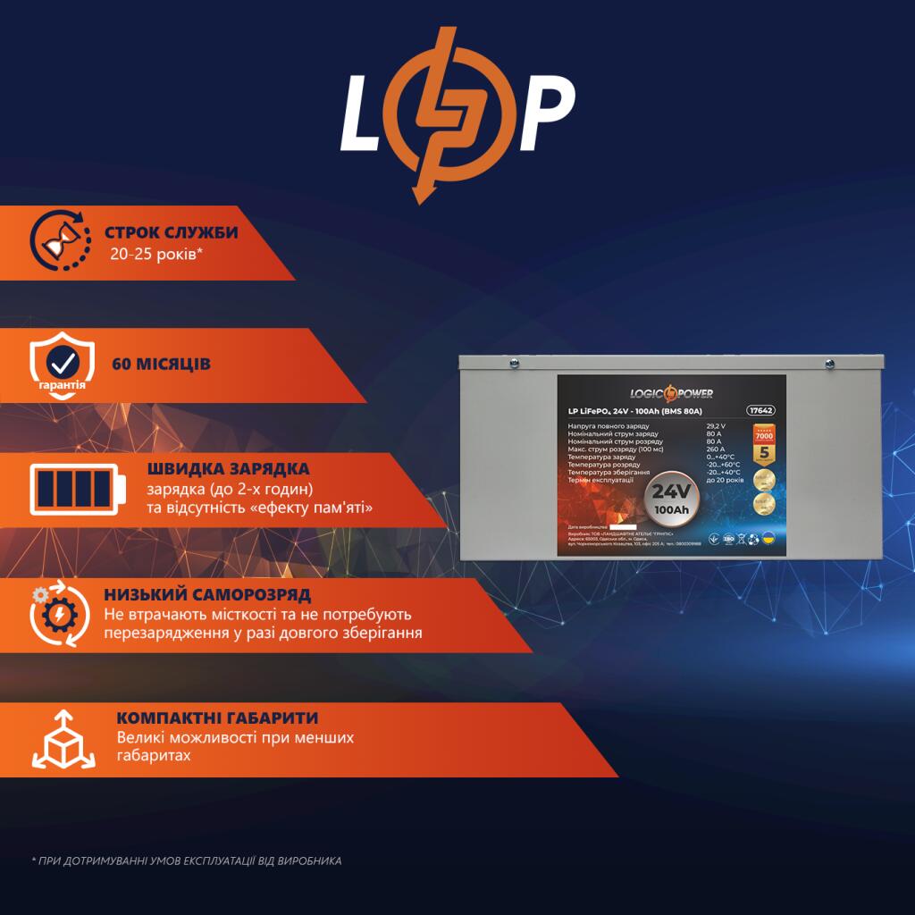 Аккумулятор LP LiFePO4 24V - 100 Ah (BMS 80A) металл - Изображение 2