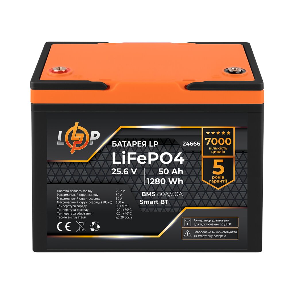 Аккумулятор LP LiFePO4 25,6V - 50 Ah (1280Wh) (BMS 80A/50А) пластик Smart BT - Изображение 1