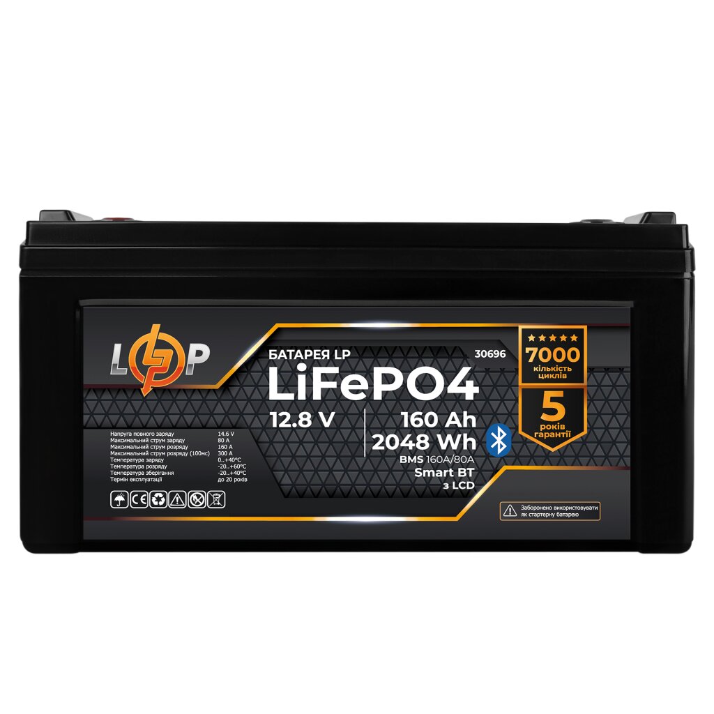 Акумулятор LP LiFePO4 12,8V - 160 Ah (2048Wh) (BMS 160A/80А) пластик LCD Smart BT - Изображение 1