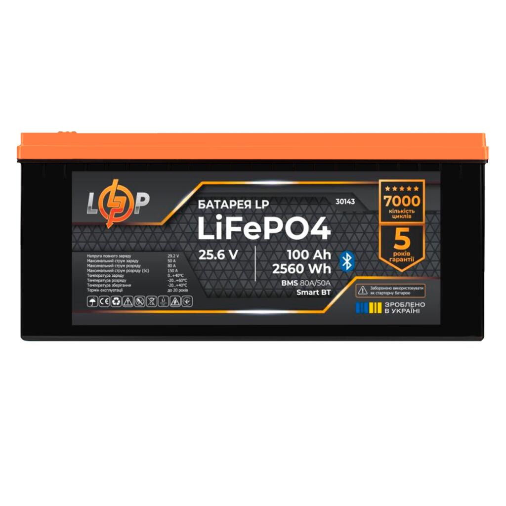 Акумулятор LP LiFePO4 25,6V - 100 Ah (2560Wh) (BMS 80А/50) пластик Smart BT - Зображення 2