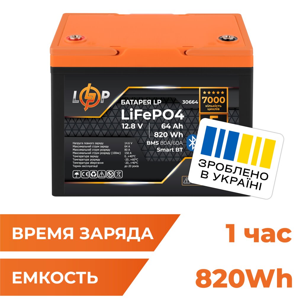 Аккумулятор LP LiFePO4 12,8V - 64 Ah (820Wh) (BMS 80A/64А) пластик Smart BT - Изображение 1