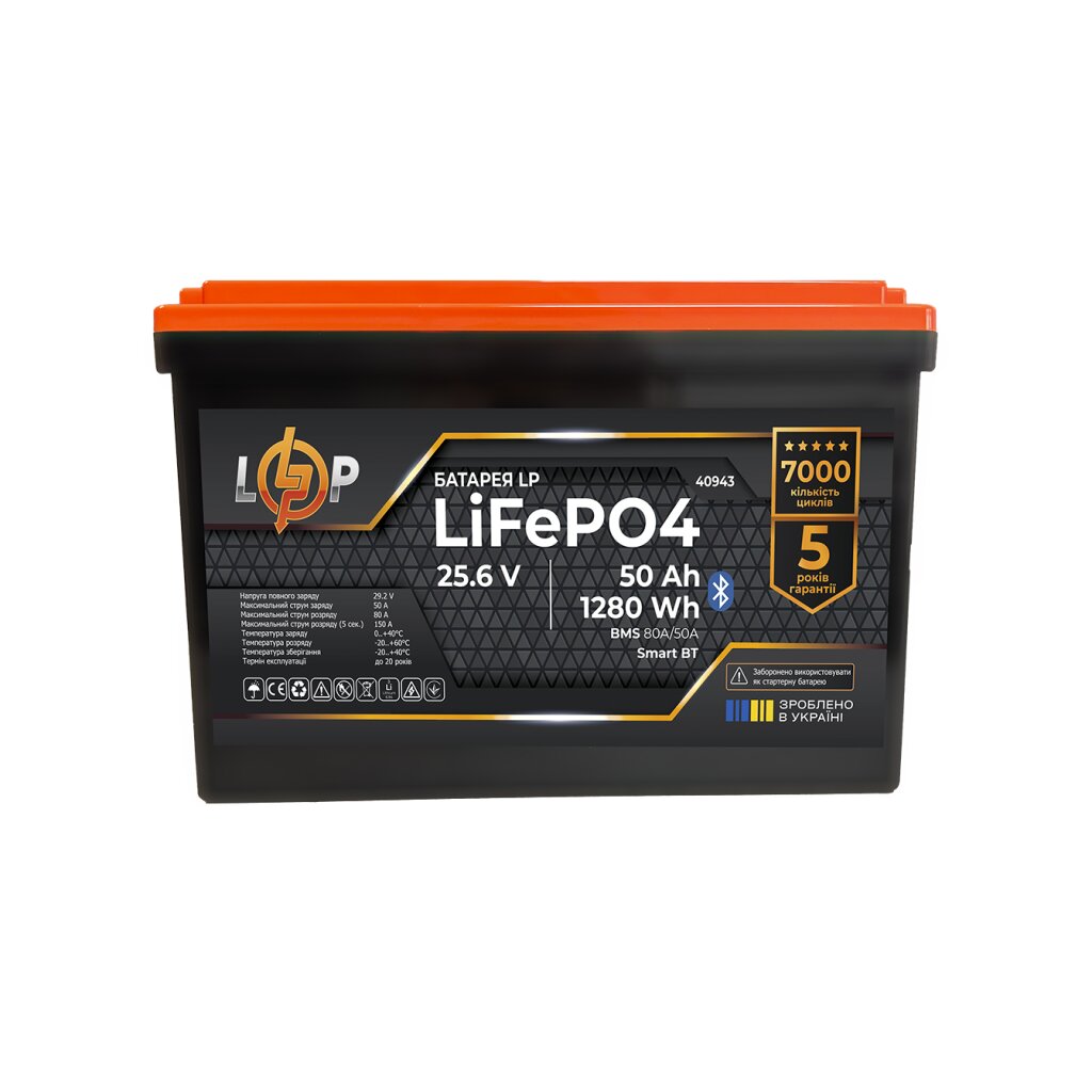 Аккумулятор LP LiFePO4 25,6V - 50 Ah (1280Wh) (BMS 80A/50А) пластик Smart BT - Изображение 1