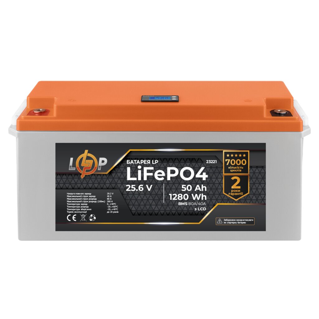 Аккумулятор LP LiFePO4 25,6V - 50 Ah (1280Wh) (BMS 80A/40А) пластик LCD - Изображение 1