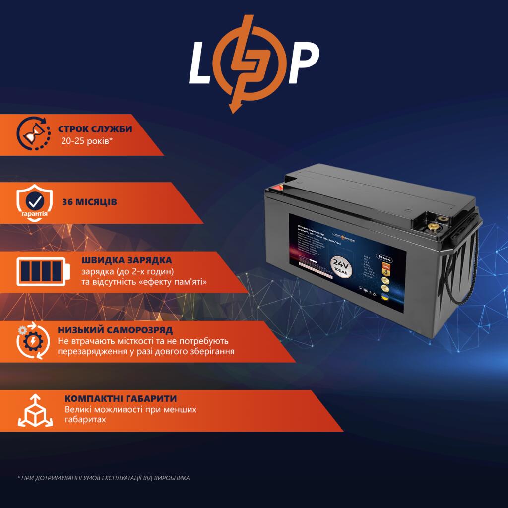Акумулятор LP LiFePO4 для ДБЖ 24V (25,6V) - 100 Ah (2560Wh) (BMS 150A/75А) пластик - Зображення 2