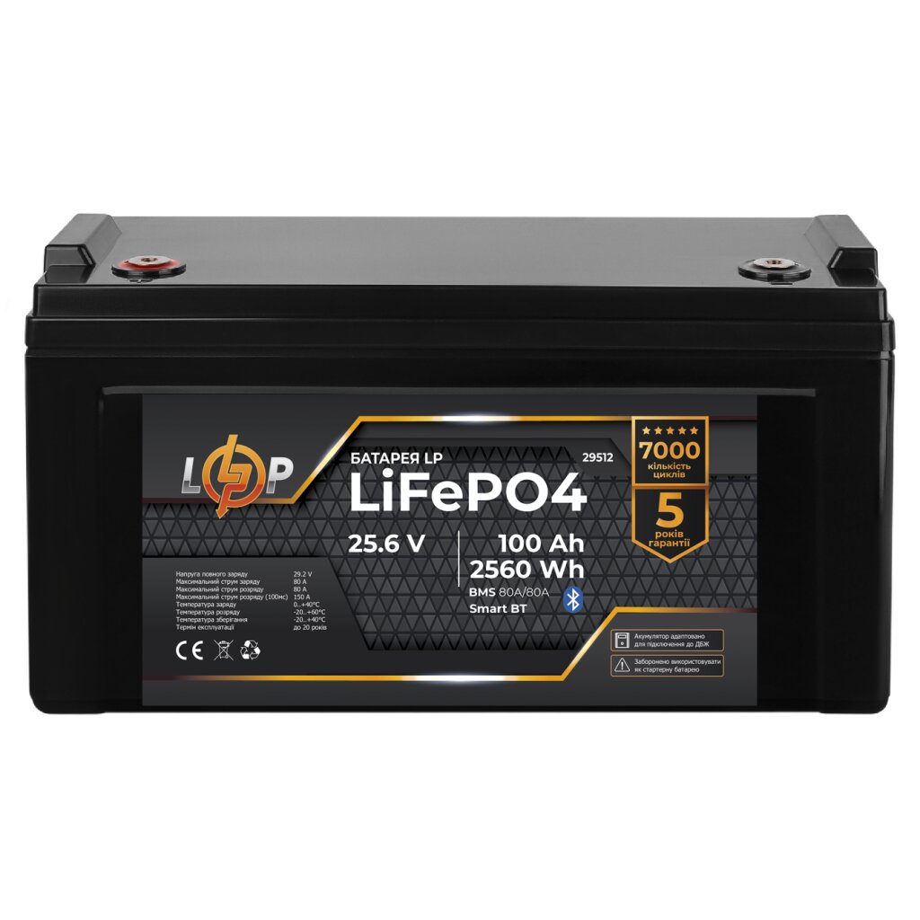 Аккумулятор LP LiFePO4 25,6V - 100 Ah (2560Wh) (BMS 80A/80А) пластик Smart BT - Изображение 1