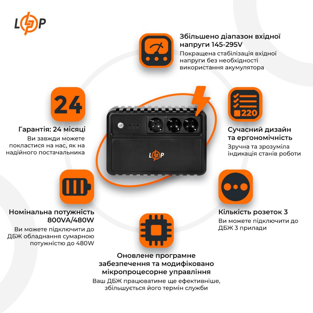 Джерело безперебійного живлення (ДБЖ) LP-U800VA-3PS (480Вт) - Зображення 2
