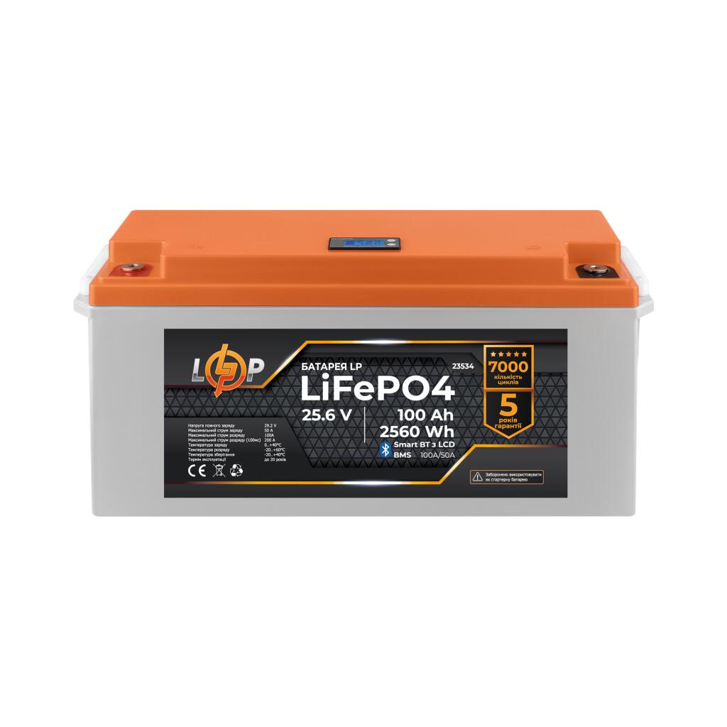 Аккумулятор LP LiFePO4 25,6V - 100 Ah (2560Wh) (BMS 100A/50А) пластик LCD Smart BT - Изображение 2