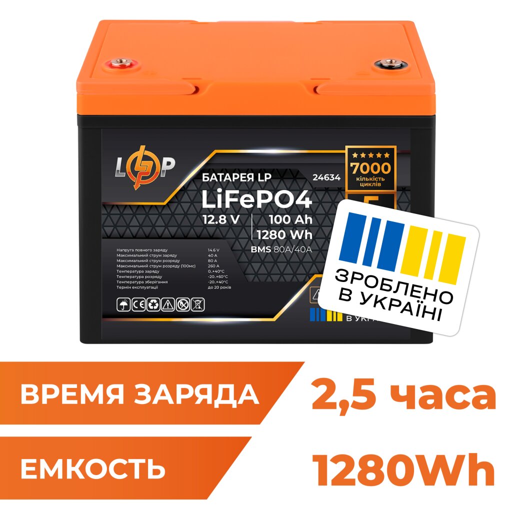 Аккумулятор LP LiFePO4 12,8V - 100 Ah (1280Wh) (BMS 80A/40А) пластик - Изображение 1