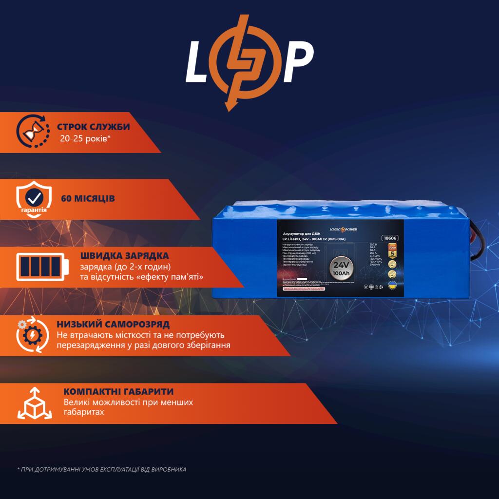 Аккумулятор LP LiFePO4 24V - 100 Ah (BMS 80A) - Изображение 2