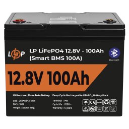 Акумулятор LP LiFePO4 для ДБЖ 12V (12,8V) - 100 Ah (1280Wh) (Smart BMS 100А) с BT пластик 