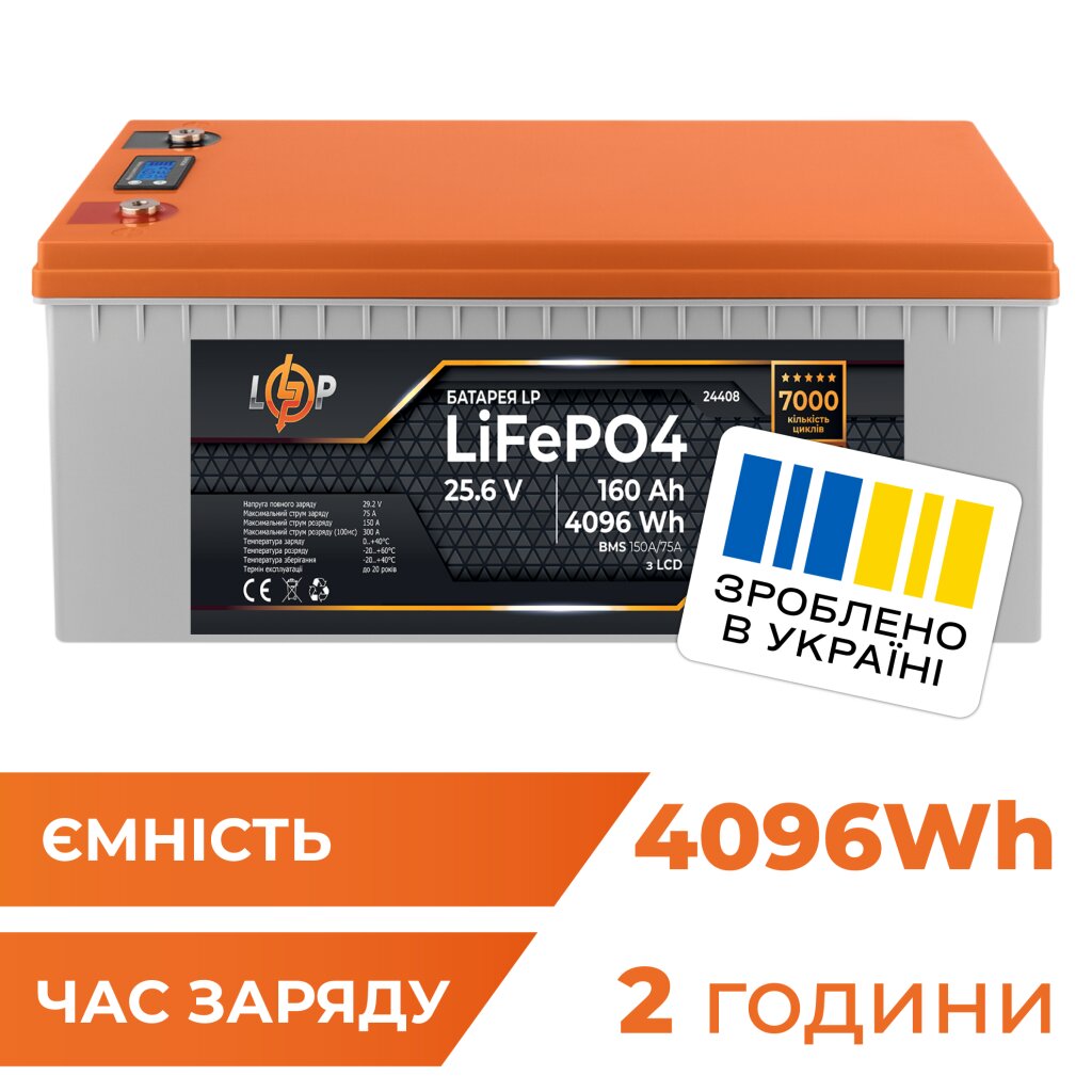 Акумулятор LP LiFePO4 25,6V - 160 Ah (4096Wh) (BMS 150A/75А) пластик LCD для ДБЖ - Изображение 1