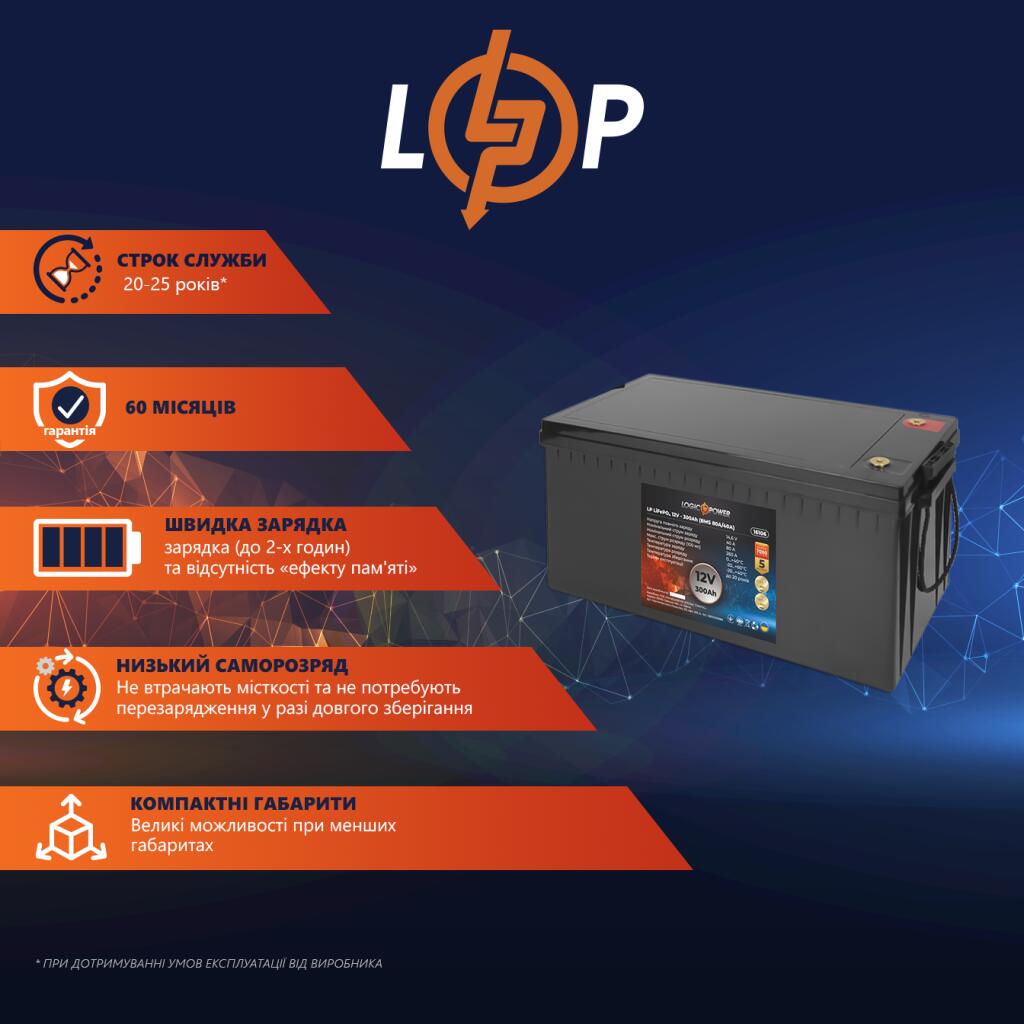 Аккумулятор LP LiFePO4 12V - 300 Ah (BMS 80A/40А) пластик - Изображение 2