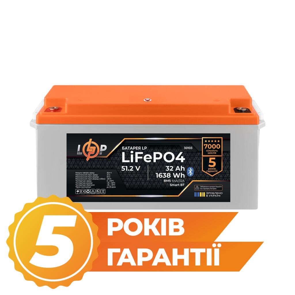 Аккумулятор LP LiFePO4 51,2V - 32 Ah (1638Wh) (BMS 64A/32А) пластик Smart BT - Изображение 2