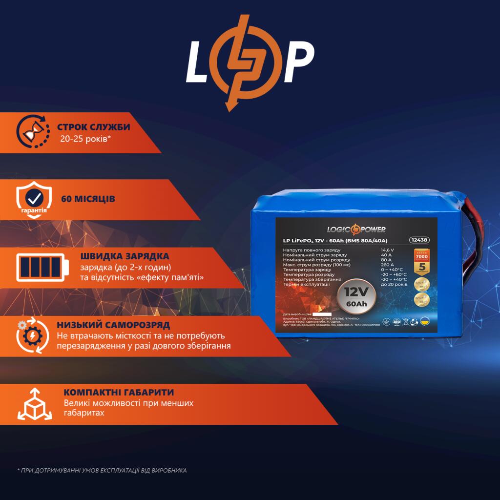 Аккумулятор LP LiFePO4 12V - 60 Ah (BMS 80A/40А) - Изображение 2