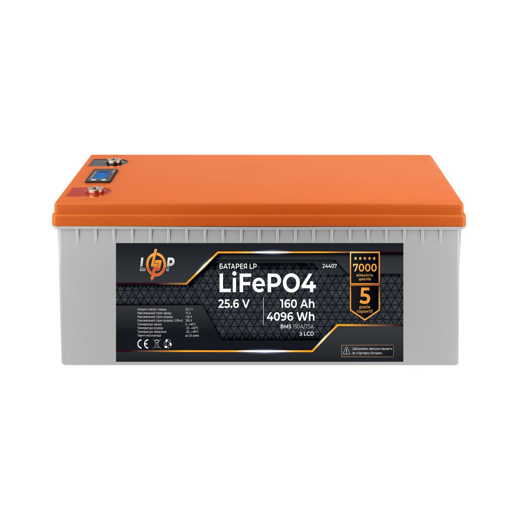 Аккумулятор LP LiFePO4 25,6V - 160 Ah (4096Wh) (BMS 150A/75А) пластик LCD - Изображение 1