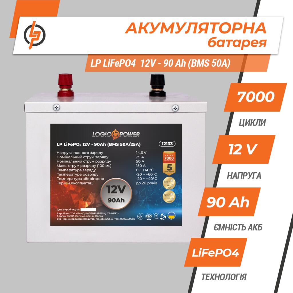 Акумулятор LP LiFePO4 12V (12,8V) - 90 Ah (1152Wh) (BMS 50A/25A) металл - Зображення 2