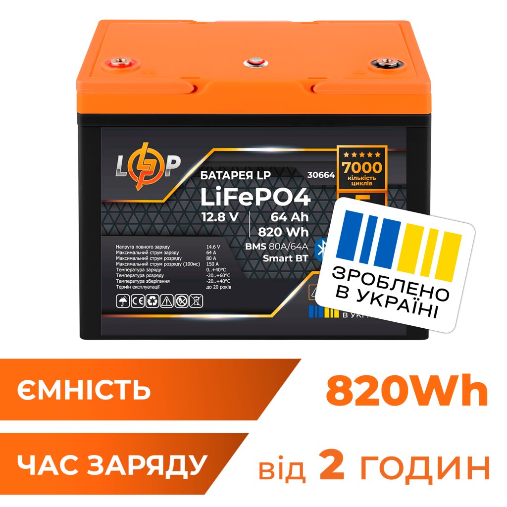 Акумулятор LP LiFePO4 12,8V - 64Ah (820Wh) (BMS 80A/64А) пластик Smart BT - Изображение 1