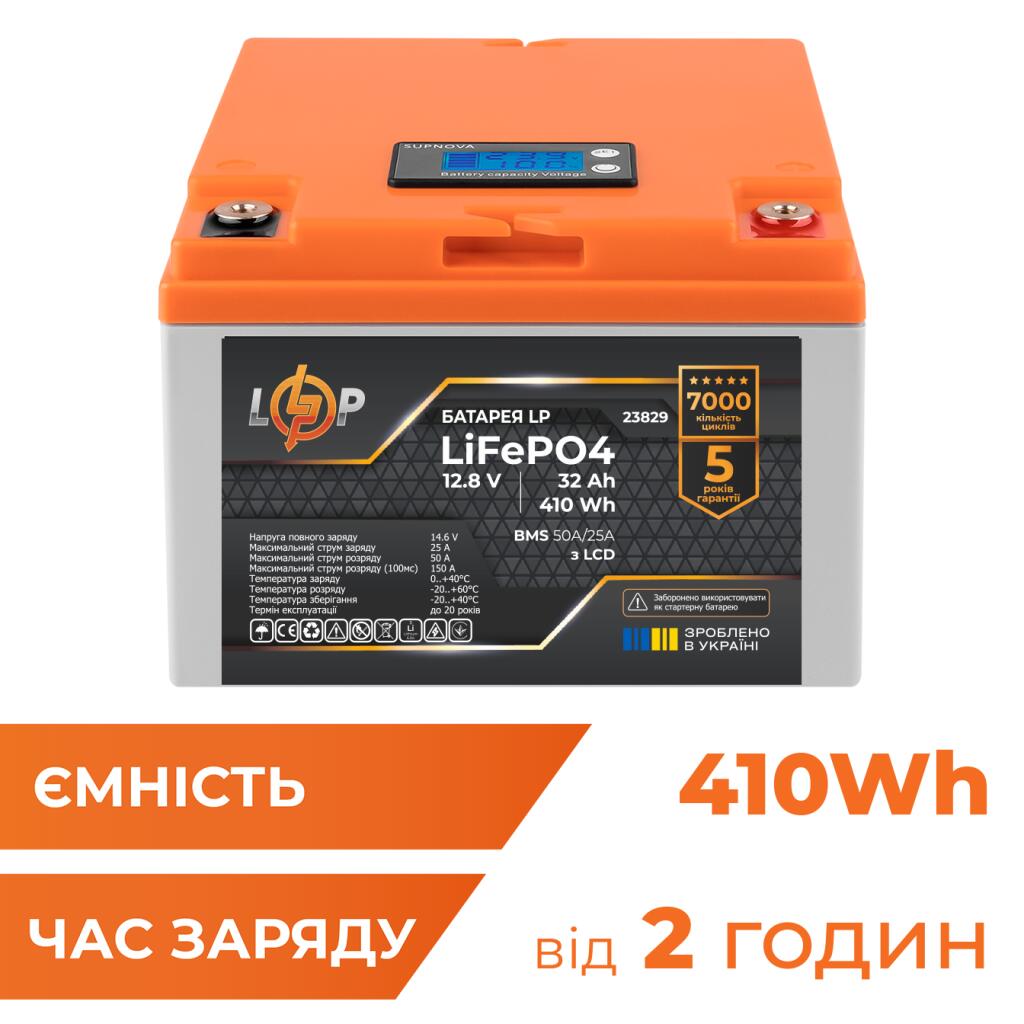 Акумулятор LP LiFePO4 12,8V - 32 Ah (410Wh) (BMS 50А/25A) пластик LCD - Зображення 2
